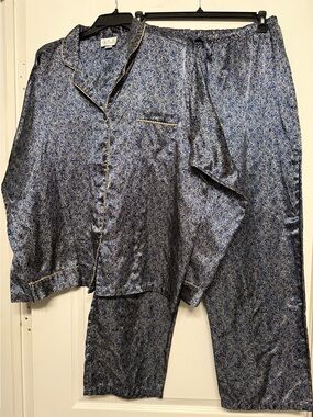 Vintage Character XL Blue Gold Satin Paisley Pajama Set Button Front Lounge